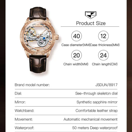 Men Mechanical Watch Automatic Movement 50M Waterproof Leather Strap
