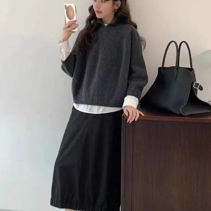Half-open high-neck three-quarter sleeve cashmere sweater women loose