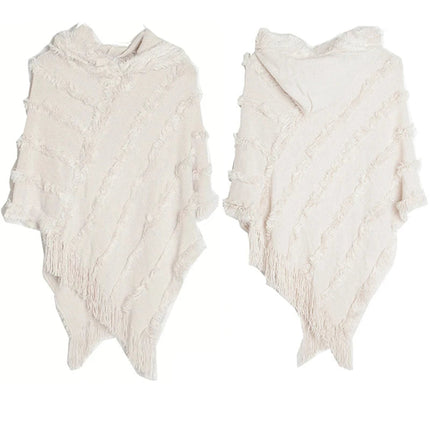 Women Winter Knit Hooded Poncho Cape Lady Spring Fringed Shawl Wrap