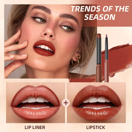 QIBEST 2pcs Lipstick Lipliner Pen Set Matte Velvet Lip Liner Pencil
