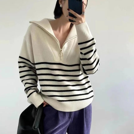 Autumn/Winter new classic striped zipper turtleneck + lapel 100%