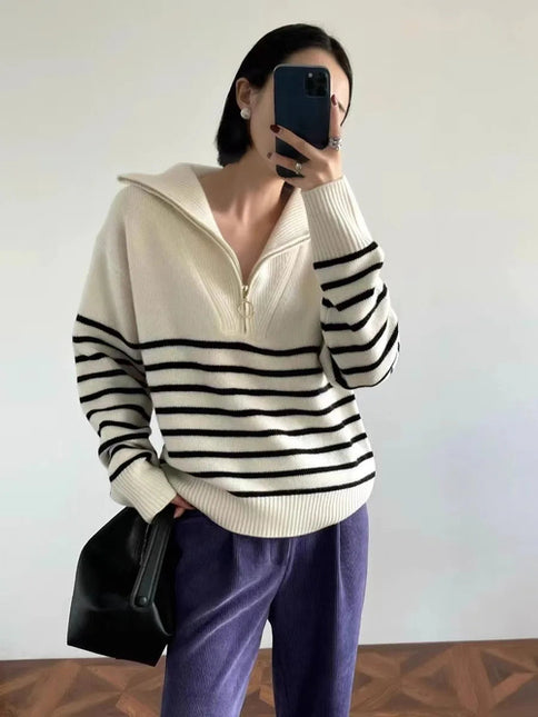 Autumn/Winter new classic striped zipper turtleneck + lapel 100%