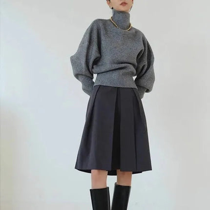French retro high-neck pullover pure wool sweater women's short