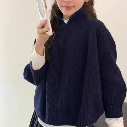 Half-open high-neck three-quarter sleeve cashmere sweater women loose