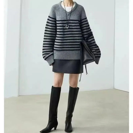 High-end V-neck striped 100% wool knitted sweater loose pullover