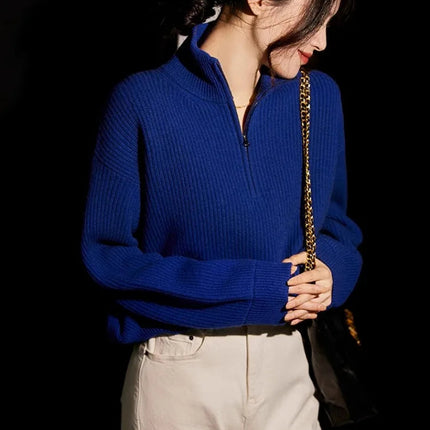100% pure cashmere sweater women's half zip stand collar thick loose