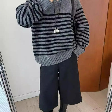 High-end V-neck striped 100% wool knitted sweater loose pullover