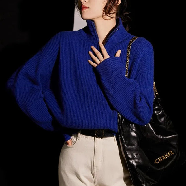 100% pure cashmere sweater women's half zip stand collar thick loose