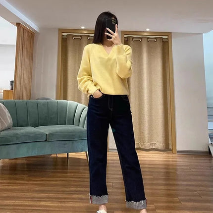 V-neck pure cashmere sweater women autumn and winter loose and