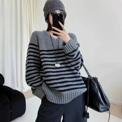 High-end V-neck striped 100% wool knitted sweater loose pullover