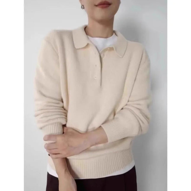 Elegant POLO semi-open neck 100%wool knitted sweater women loose