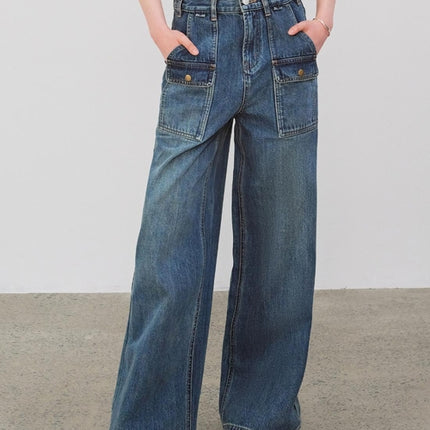 "Silent Deep Sea"Washed Vintage Blue Straight-leg Workwear Jeans for