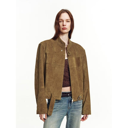 Retro Sheepskin Stand Collar Short Motorcycle Jacket “Caramel