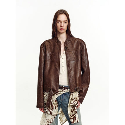 Retro Sheepskin Stand Collar Short Motorcycle Jacket “Caramel