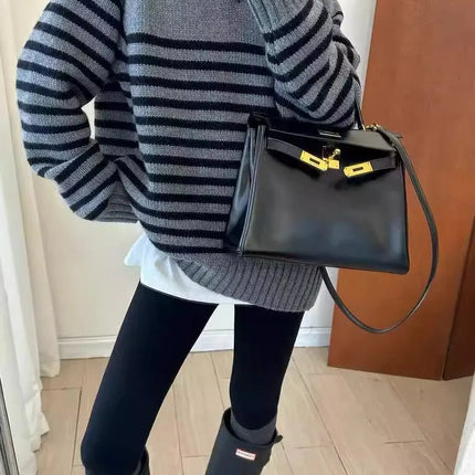 High-end V-neck striped 100% wool knitted sweater loose pullover