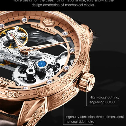Men Mechanical Watch Automatic Movement 50M Waterproof Leather Strap