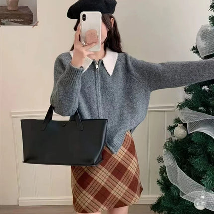 Color-blocked lapel 100% cashmere cardigan women's knitted sweater