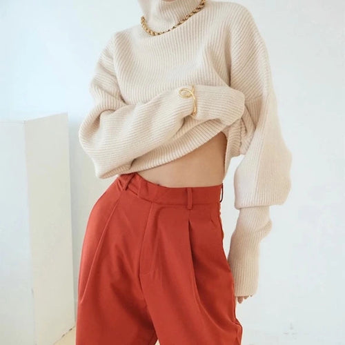 French retro high-neck pullover pure wool sweater women's short