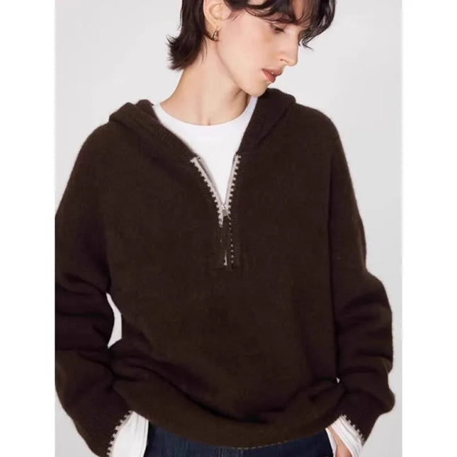 High-end half-zipper hooded 100% cashmere knitted sweater women loose