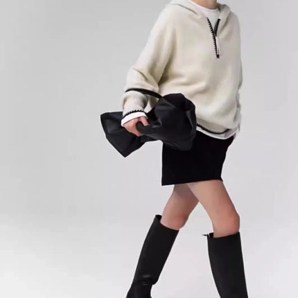 High-end half-zipper hooded 100% cashmere knitted sweater women loose
