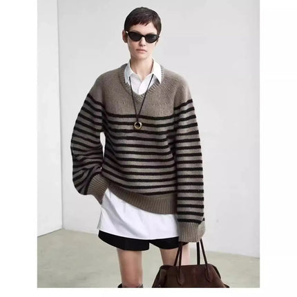 High-end V-neck striped 100% wool knitted sweater loose pullover