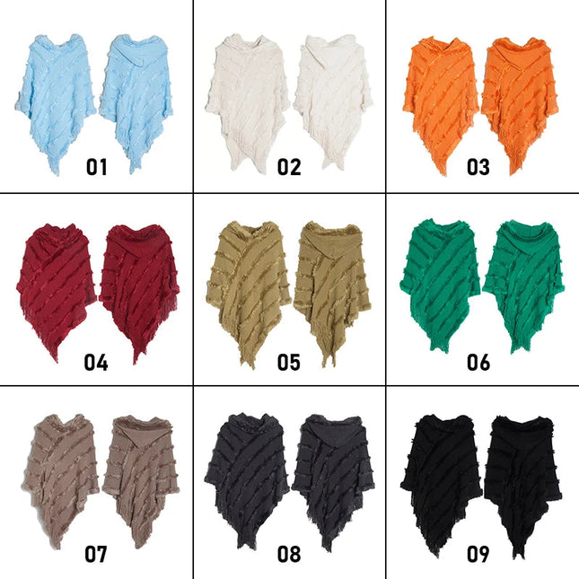 Women Winter Knit Hooded Poncho Cape Lady Spring Fringed Shawl Wrap