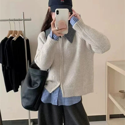 Color-blocked lapel 100% cashmere cardigan women's knitted sweater