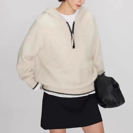 High-end half-zipper hooded 100% cashmere knitted sweater women loose