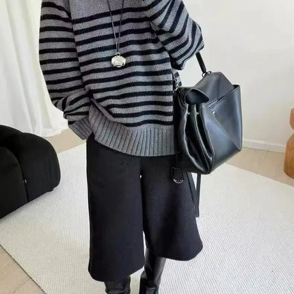 High-end V-neck striped 100% wool knitted sweater loose pullover