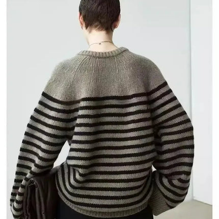 High-end V-neck striped 100% wool knitted sweater loose pullover