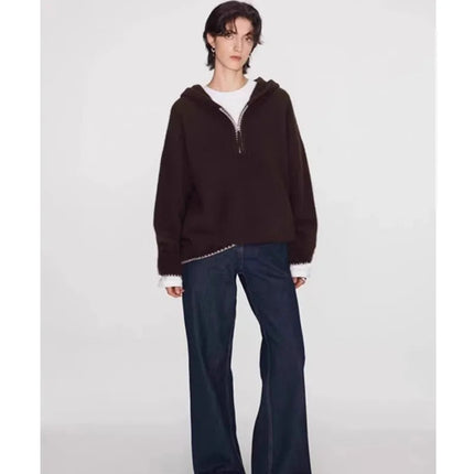 High-end half-zipper hooded 100% cashmere knitted sweater women loose