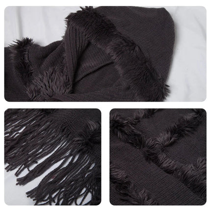 Women Winter Knit Hooded Poncho Cape Lady Spring Fringed Shawl Wrap