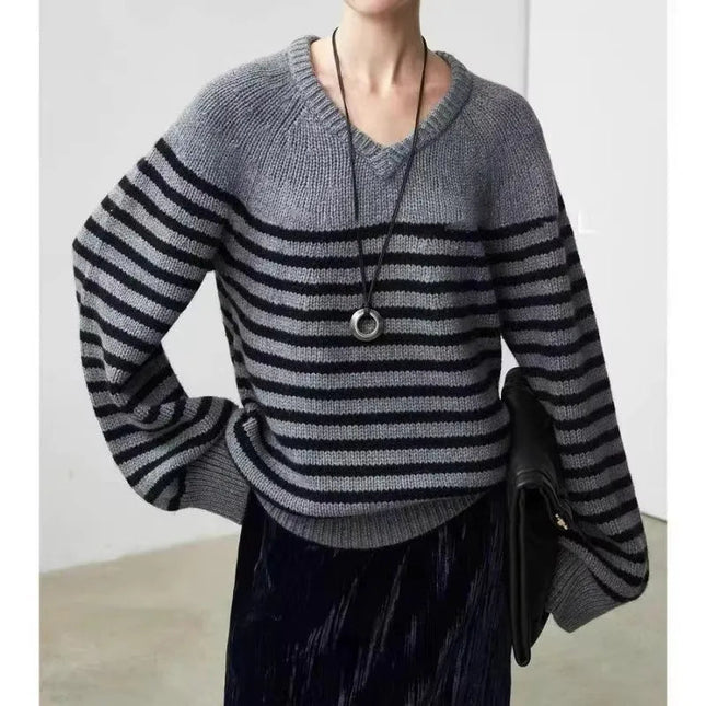 High-end V-neck striped 100% wool knitted sweater loose pullover