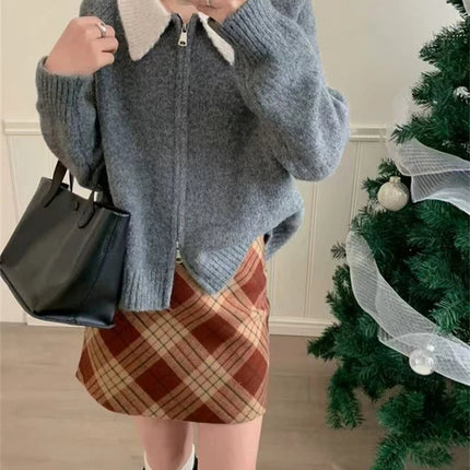 Color-blocked lapel 100% cashmere cardigan women's knitted sweater