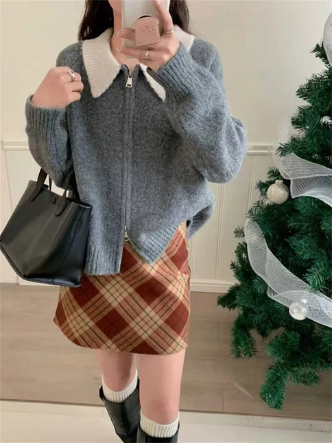Color-blocked lapel 100% cashmere cardigan women's knitted sweater