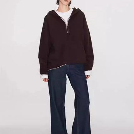 High-end half-zipper hooded 100% cashmere knitted sweater women loose