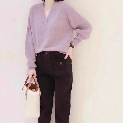 V-neck pure cashmere sweater women autumn and winter loose and