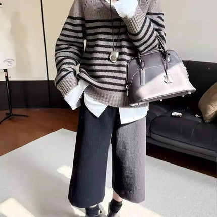 High-end V-neck striped 100% wool knitted sweater loose pullover