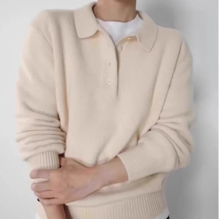 Elegant POLO semi-open neck 100%wool knitted sweater women loose