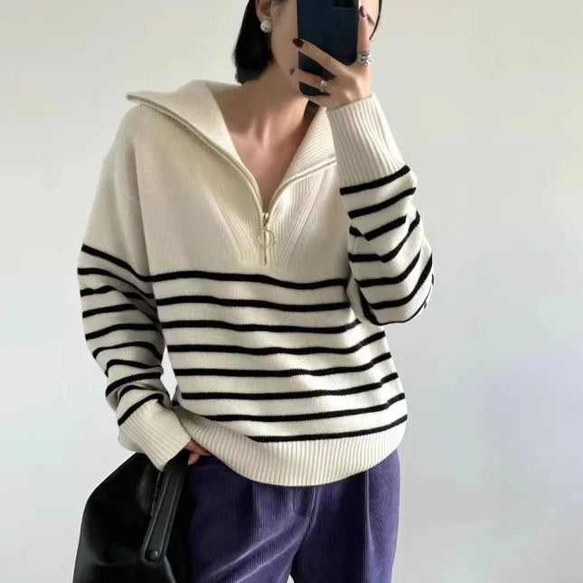 Autumn/Winter new classic striped zipper turtleneck + lapel 100%