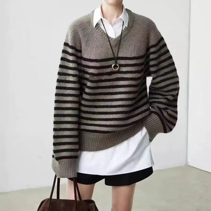 High-end V-neck striped 100% wool knitted sweater loose pullover