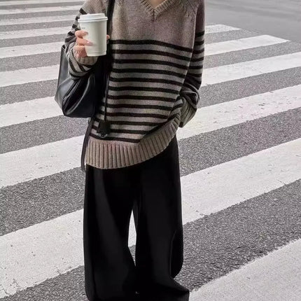 High-end V-neck striped 100% wool knitted sweater loose pullover