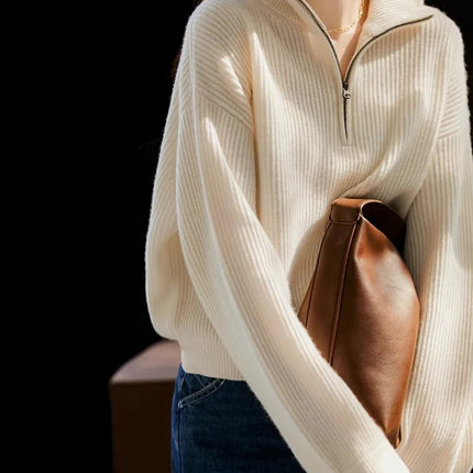 100% pure cashmere sweater women's half zip stand collar thick loose