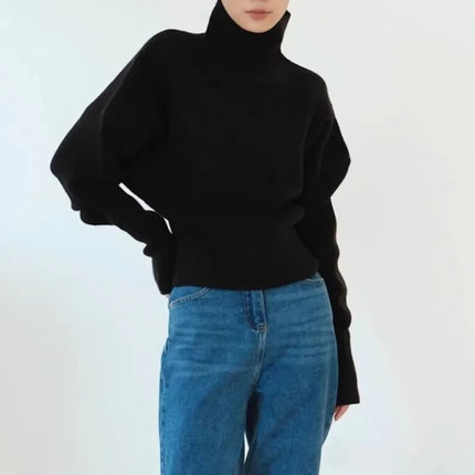 French retro high-neck pullover pure wool sweater women's short