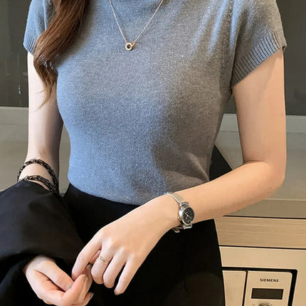 Womens Slim Fit Turtle Neck Short Sleeve Knitted Top