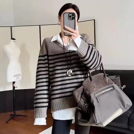 High-end V-neck striped 100% wool knitted sweater loose pullover