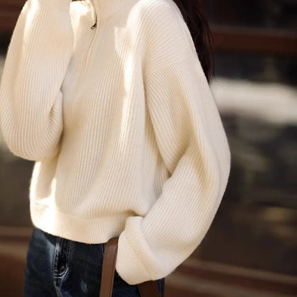 100% pure cashmere sweater women's half zip stand collar thick loose