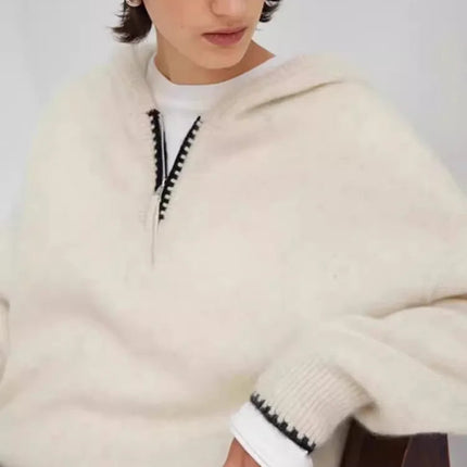 High-end half-zipper hooded 100% cashmere knitted sweater women loose
