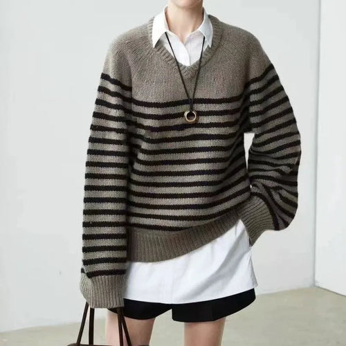 High-end V-neck striped 100% wool knitted sweater loose pullover