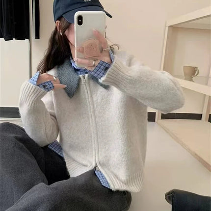 Color-blocked lapel 100% cashmere cardigan women's knitted sweater